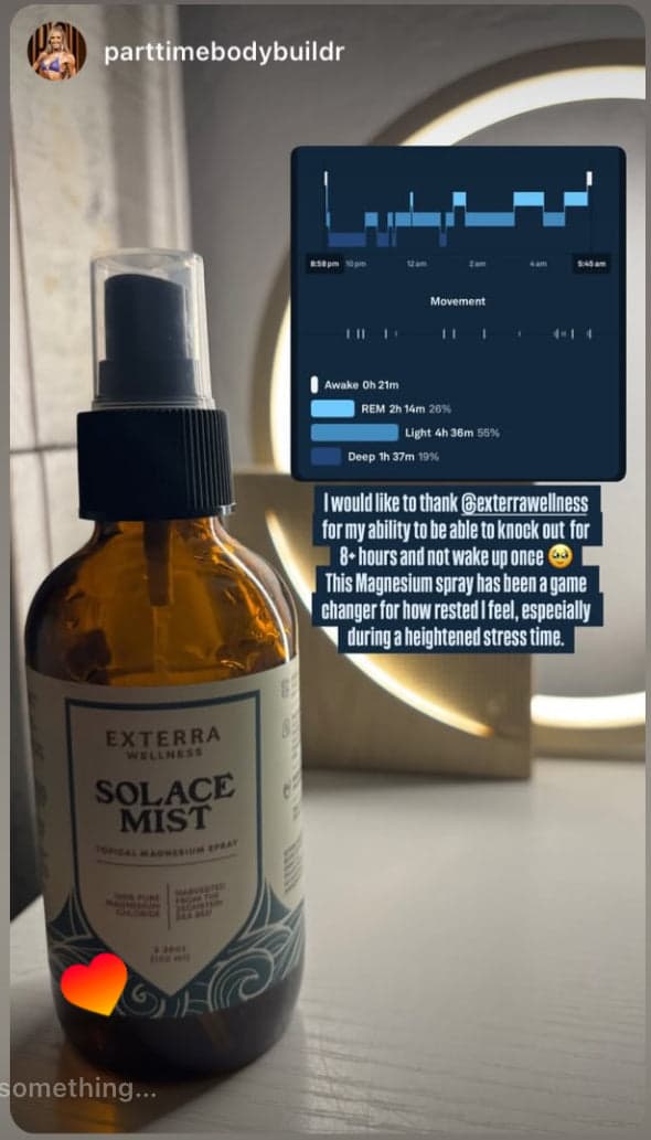 Customer photo of Solace Mist beside a phone showing a full night of sleep